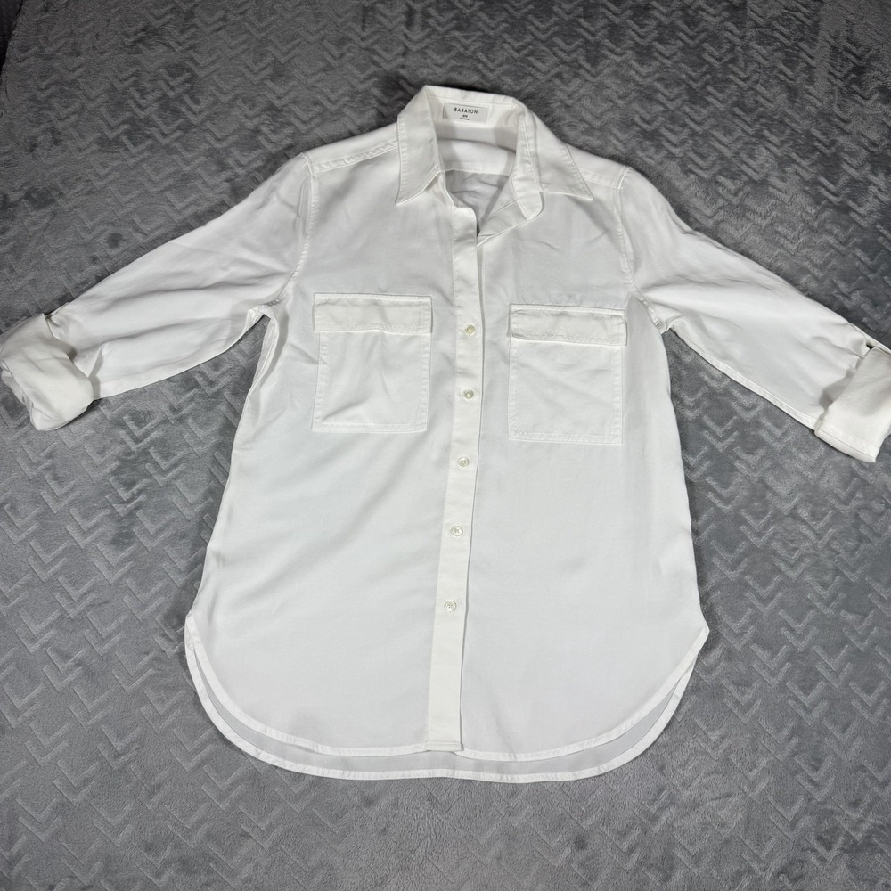 Babaton Aritzia Utility Shirt White Blouse Roll Tab Button Up Pockets Size XS
